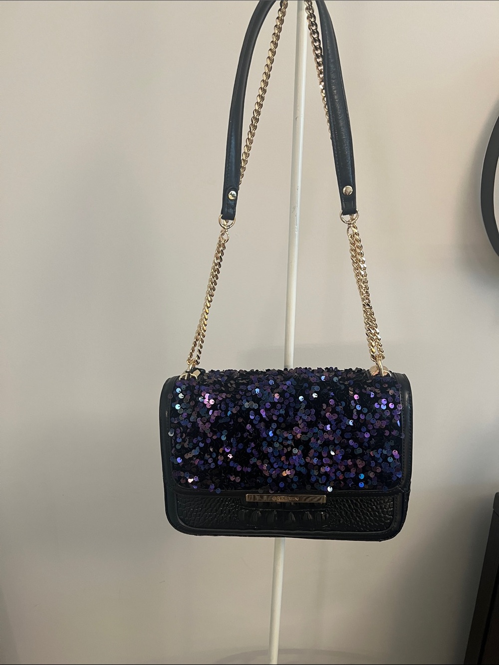 Brahmin Navy Sequin Shoulder Bag with Gold Chain